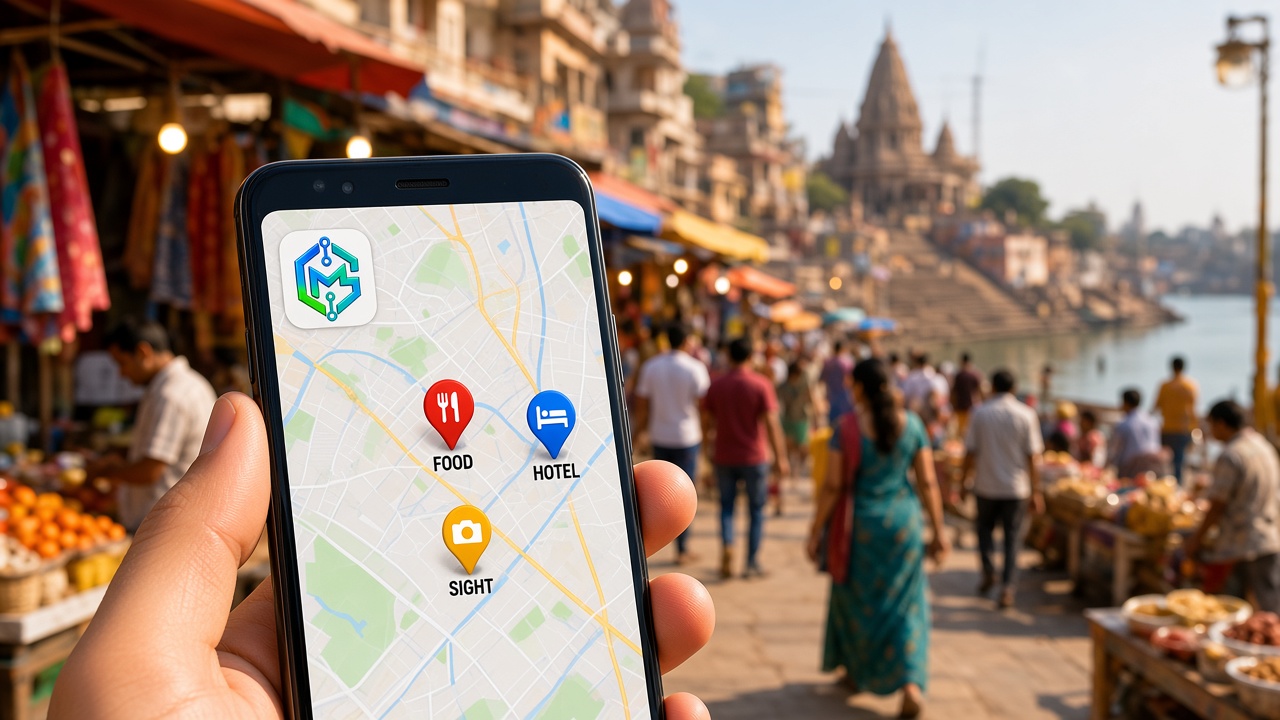 A phone map of places near a sunny street