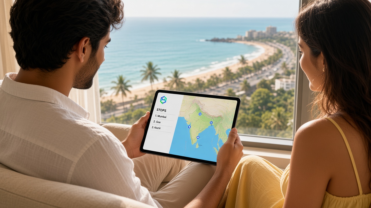 Two people looking at a trip plan and a map