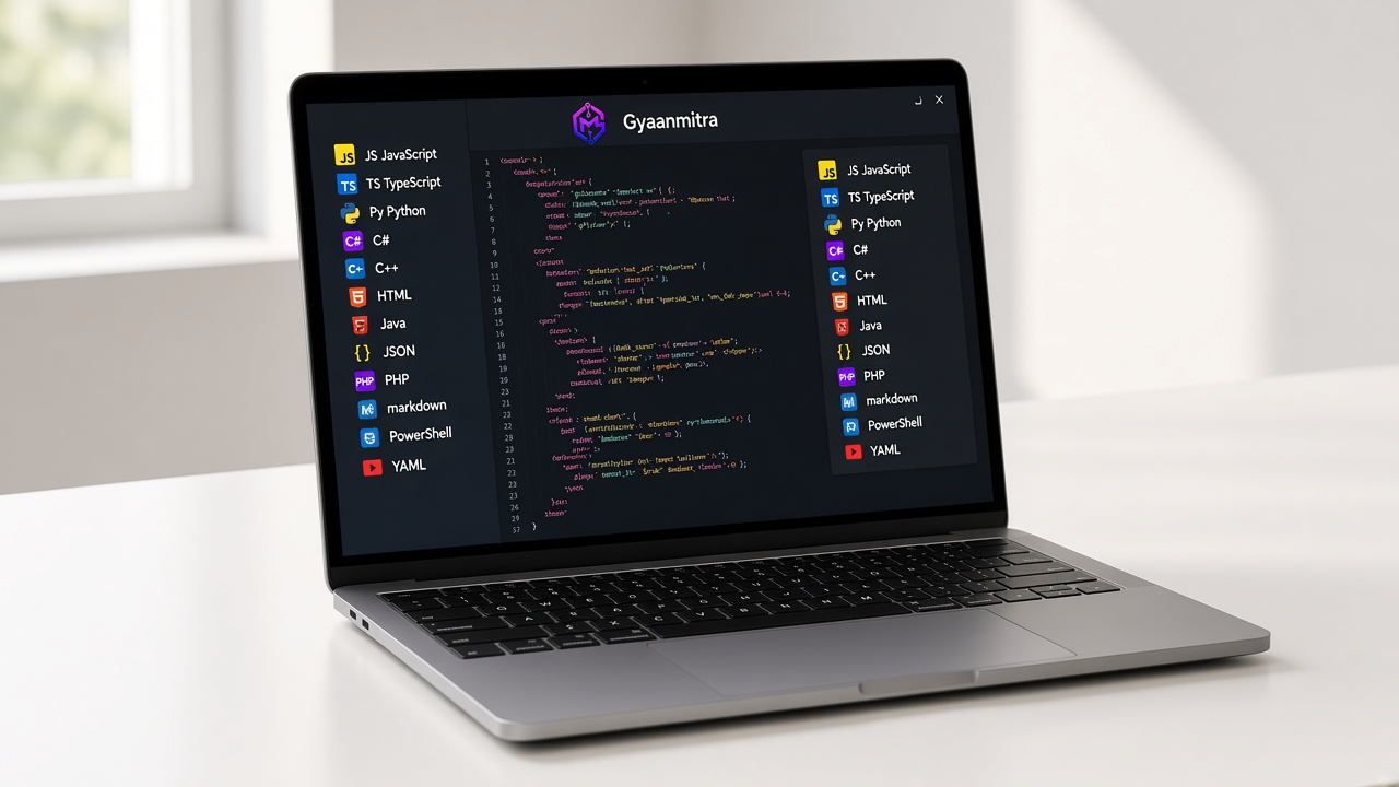 The Gyaanmitra editor with language icons for JavaScript, TypeScript, Python, C#, C++, HTML, Java, JSON, PHP, Markdown, PowerShell, and YAML